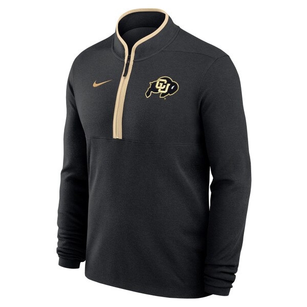 Black quarter-zip pullover with gold zipper trim, CU Buffaloes logo on left chest, and Nike Swoosh on right chest"